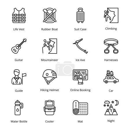 Illustration for Online Booking, Car, Life Vest, Rubber Boat, Suit Case, Climbing, Guide, Hiking Helmet, Water Bottle, Cooler, Mat, Night, Guitar, Mountaineer, Ice Axe, Harnesses,  Outline Icons - Stroked, Vectors - Royalty Free Image