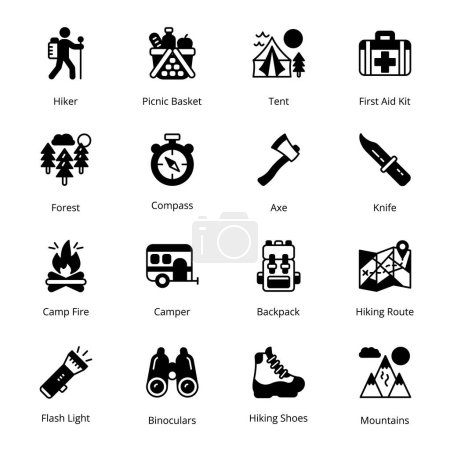 Illustration for Hiker, Picnic Basket, Tent, First Aid Kit, Camp Fire, Backpack, Hiking Route, Hiking Shoes, Mountains, Forest, Compass, Axe, Knife, Glyph Icons - Solid, Vectors - Royalty Free Image