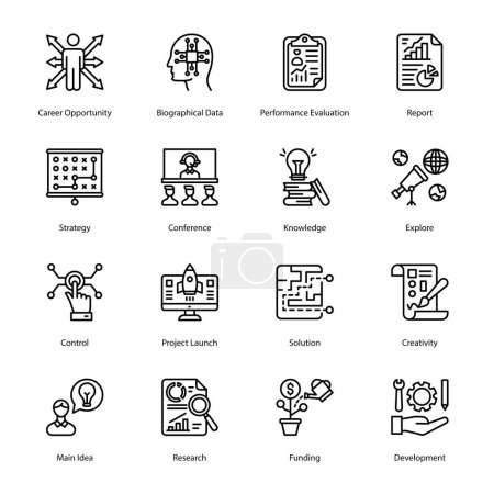 Illustration for Career Opportunity, Biographical Data, Performance Evaluation, Report, Strategy, Conference, Knowledge, Explore, Control, Project Launch, Solution, Outline Icons - Stroked, Vectors - Royalty Free Image