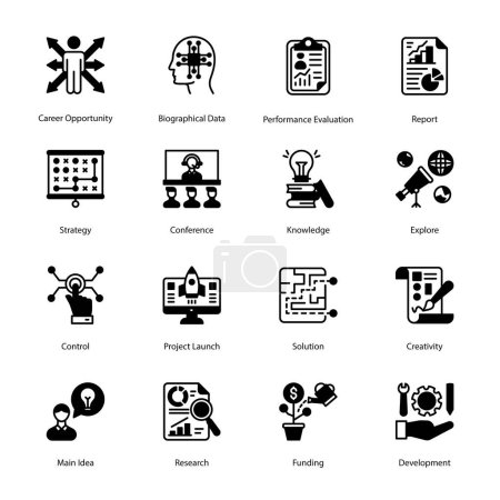 Illustration for Career Opportunity, Biographical Data, Performance Evaluation, Report, Strategy, Conference, Knowledge, Explore, Control, Project Launch, Solution,  Glyph Icons - Solid, Vectors - Royalty Free Image