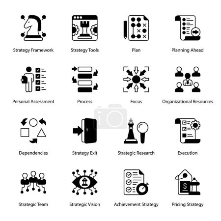 Illustration for Strategy Framework, Strategy Tools, Plan, Planning Ahead, Personal Assessment, Process, Focus, Organizational Resources, Dependencies, Strategy Exit, Glyph Icons - Solid, Vectors - Royalty Free Image