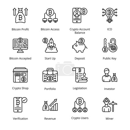 Illustration for Bitcoin Profit, Bitcoin Access, Crypto Account Balance, ICO, Crypto Shop, Portfolio, Legislation, Investor, Crypto Users, Miner, Bitcoin Accepted, Start Up, Outline Icons - Stroked, Vectors - Royalty Free Image