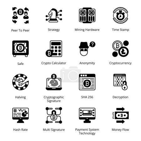 Illustration for SHA 256, Decryption, Peer To Peer, Strategy, Mining Hardware, Time Stamp, Halving, Cryptographic Signature, Hash Rate, Multi Signature, Glyph Icons - Solid, Vectors - Royalty Free Image
