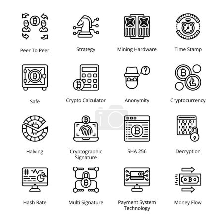 Illustration for SHA 256, Decryption, Peer To Peer, Strategy, Mining Hardware, Time Stamp, Halving, Cryptographic Signature, Hash Rate, Multi Signature, Outline Icons - Stroked, Vectors - Royalty Free Image