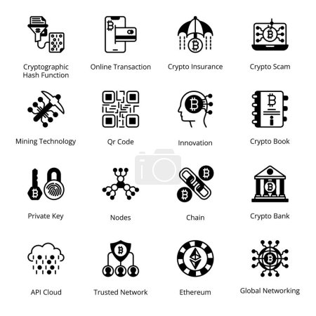 Illustration for Chain, Crypto Bank, Cryptographic Hash Function, Online Transaction, Crypto Insurance, Crypto Scam, Private Key, Nodes, API Cloud, Glyph Icons - Solid, Vectors - Royalty Free Image