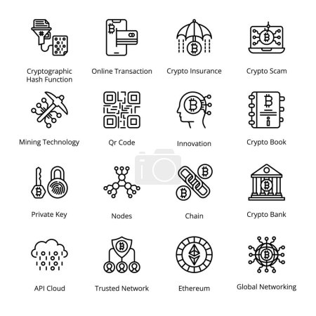 Illustration for Chain, Crypto Bank, Cryptographic Hash Function, Online Transaction, Crypto Insurance, Crypto Scam, Private Key, Nodes, API Cloud, Outline Icons - Stroked, Vectors - Royalty Free Image