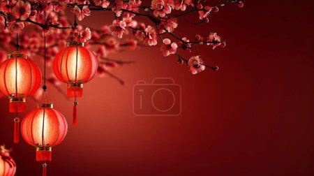Chinesische Laternen auf dem Hintergrund mit Kopierraum. 2024 frohes chinesisches Neujahrskonzept mit Kirschbaumblüte.