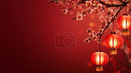 Téléchargez les photos : Lanternes chinoises sur fond avec espace de copie.2024 heureux nouveau concept de célébration de l'année chinoise avec fleur de cerisier. - en image libre de droit