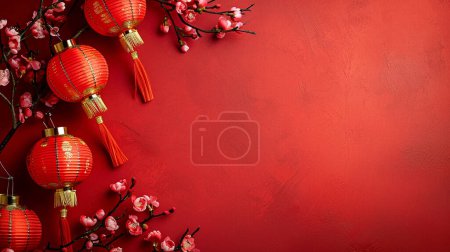 Téléchargez les photos : Lanternes chinoises sur fond rouge avec espace de copie.2024 heureux nouveau concept de célébration de l'année chinoise. - en image libre de droit