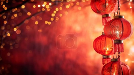 Téléchargez les photos : Lanternes chinoises sur paillettes Fond et lumières bokeh avec espace de copie.2024 heureux nouveau concept de célébration de l'année chinoise avec fleur de cerisier. - en image libre de droit