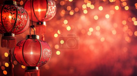 Téléchargez les photos : Lanternes chinoises sur paillettes Fond et lumières bokeh avec espace de copie.2024 heureux nouveau concept de célébration de l'année chinoise avec fleur de cerisier. - en image libre de droit