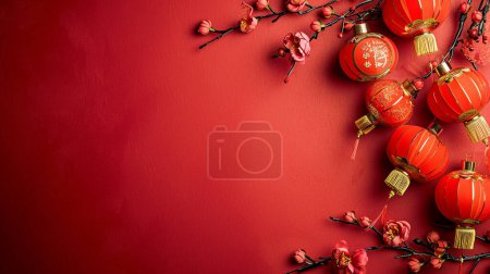Téléchargez les photos : Lanternes chinoises sur fond rouge avec espace de copie.2024 heureux nouveau concept de célébration de l'année chinoise. - en image libre de droit
