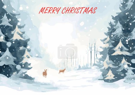 Téléchargez les photos : Illustration vectorielle de Joyeux fond de Noël et carte de vœux de bonne année. Fond de paysage forestier d'hiver avec rennes dans la forêt. tomber au-dessus de la montagne, copier l'espace. - en image libre de droit