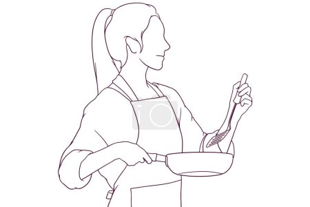 Téléchargez les illustrations : Belle fille dans tablier cuisine dessin à la main illustration vectorielle de style - en licence libre de droit