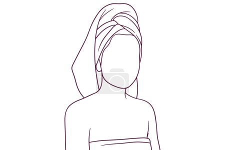 Illustration for Beautiful woman with towel on a head. beauty concept. hand drawn style vector illustration - Royalty Free Image
