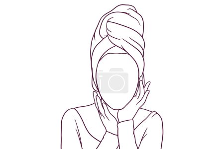 Illustration for Beautiful woman with towel on a head doing facial treatment. beauty concept. hand drawn style vector illustration - Royalty Free Image