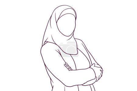 empresaria en hiyab de pie con los brazos cruzados. ilustración de vectores de estilo dibujado a mano