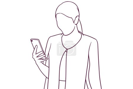 Illustration for Businesswoman looking at her phone hand drawn style vector illustration - Royalty Free Image