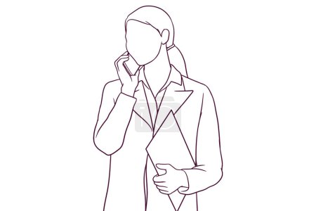 Téléchargez les illustrations : Femme d'affaires parlant au téléphone tout en tenant presse-papiers. illustration vectorielle de style dessinée à la main - en licence libre de droit