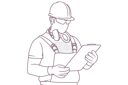 Illustration for Engineer looking at clipboard hand drawn style vector illustration - Royalty Free Image