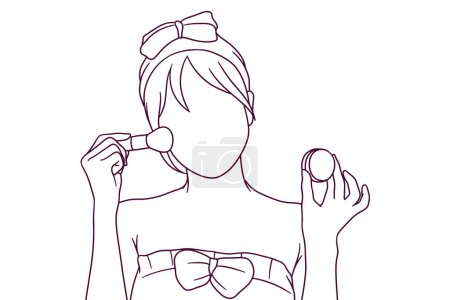 Illustration for Hand drawn beautiful girl with cosmetic powder brush illustration, make up concept - Royalty Free Image