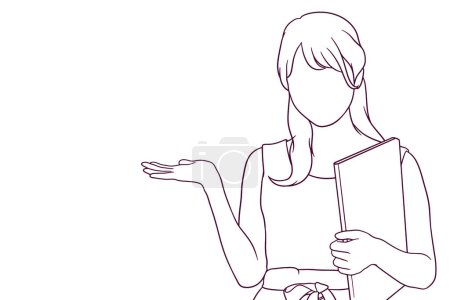 hand drawn business woman with open hand palm illustration