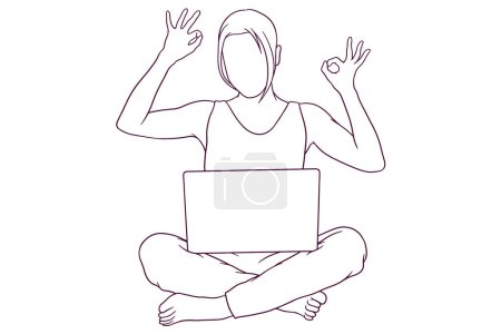 Ilustración de Dibujado a mano mujer feliz trabajo desde casa con ilustración portátil - Imagen libre de derechos
