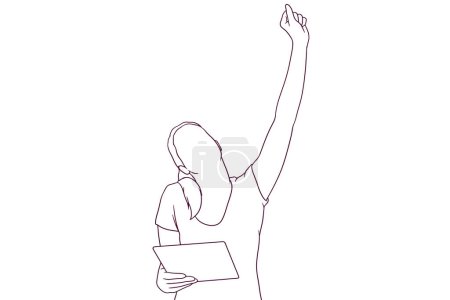 Ilustración de Feliz salió joven mujer mientras sostenía una tableta. concepto de reacción feliz. ilustración de vectores de estilo dibujado a mano - Imagen libre de derechos