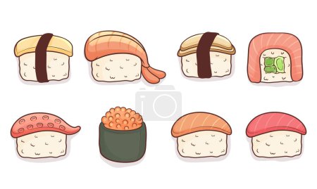 Illustration for Set of hand drawn kawaii sushi - Royalty Free Image