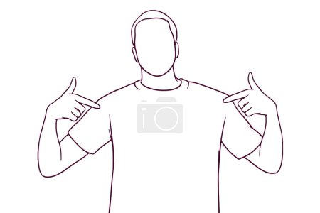 Illustration for Young man pointing his fingers on a blank t-shirt. hand drawn style vector illustration - Royalty Free Image