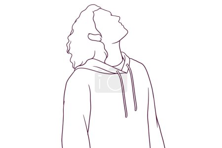 Illustration for Young man with hoodie looking up hand drawn style vector illustration - Royalty Free Image