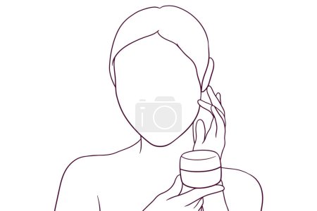 Illustration for Beautiful girl posing hold container with moisturizer hand drawn style vector illustration - Royalty Free Image