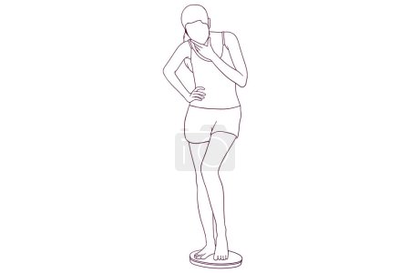 Illustration for Young girl measuring her body weight on a scale hand drawn style vector illustration - Royalty Free Image