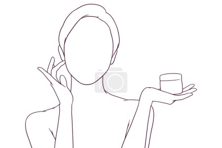 Illustration for Young woman applying skin care hand drawn style vector illustration - Royalty Free Image