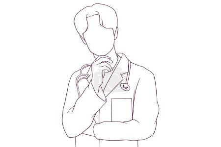 Illustration for A young male doctor thinking deeply in a hand drawn vector illustration - Royalty Free Image