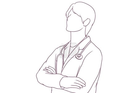 Illustration for A young male doctor stands with his arms crossed in a hand drawn vector illustration - Royalty Free Image