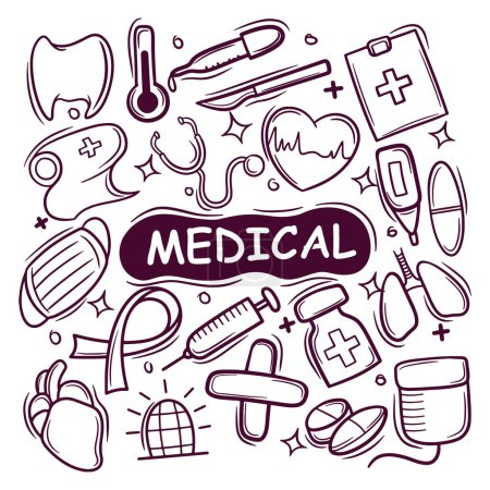 Illustration for Collection of Medical Doodles. Healthcare Concept. Hand Drawn Vector Illustration - Royalty Free Image