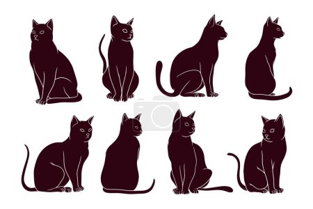 Téléchargez les illustrations : Main dessine silhouette de chats assis. illustration vectorielle - en licence libre de droit