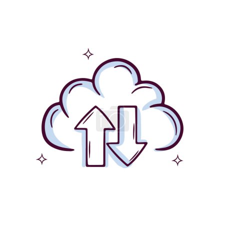 Illustration for Hand Drawn Cloud Icon With Upside Down Arrow. Doodle Sketch Vector Illustration - Royalty Free Image