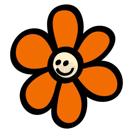 Smiley Daisy in 70s or 60s Retro Trippy Style. Smile Flower 1970 Icon. Seventies Groovy Flowers. Cartoon Character Hand Drawn Vector Illustration. 