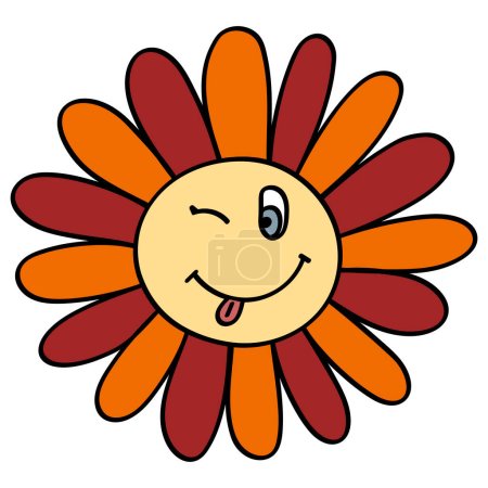 Ilustración de Sonríe Daisy en 70s o 60s Retro Trippy Style. Flor sonriente 1970 Icono. Setenta flores maravillosas. Personaje de dibujos animados Dibujado a mano Vector Ilustración. - Imagen libre de derechos