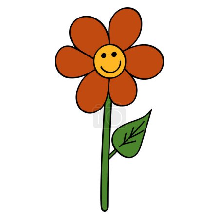 Illustration for Smile Daisy in 70s or 60s Retro Trippy Style. Smiling Flower 1970 Icon. Seventies Groovy Flowers. Cartoon Character Hand Drawn Vector Illustration. - Royalty Free Image