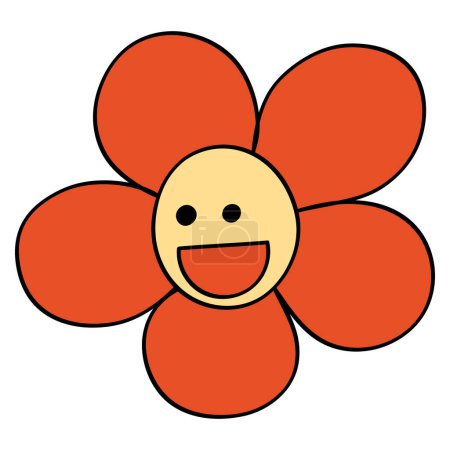 Smile Daisy dans les années 70 ou 60 Retro Trippy Style. Fleur souriante 1970 Icône. Seventies Groovy Flowers. Illustration vectorielle dessinée à la main de personnage de bande dessinée. 