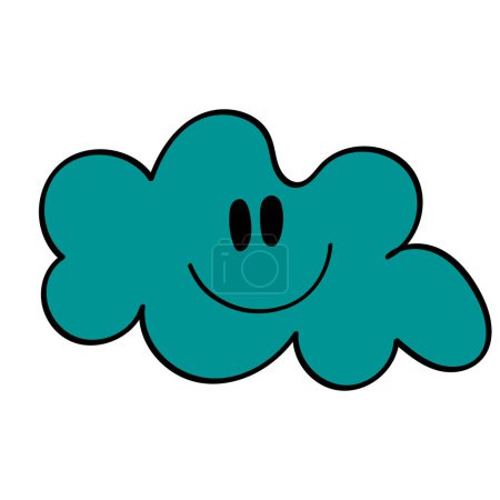 Illustration for Cloud in 70s or 60s Retro Trippy Style with Smile and Eyes. Weather Funny 1970 Icon. Seventies Groovy Flowers. Cartoon Character Hand Drawn Vector Illustration. - Royalty Free Image