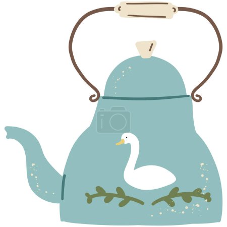 Illustration for Cottagecore Aesthetic Teapot. Hand drawn cartoon vintage kitchen tool. Retro coffee or tea pot, kettle decorative ceramic. Householding element. Cozy cute hygge vector illustration isolated on white - Royalty Free Image