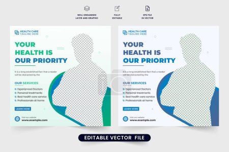 Illustration for Medical treatment facilities web banner design with green and blue colors. Healthcare service promotional poster design with geometric shapes. Hospital health care service template for marketing. - Royalty Free Image