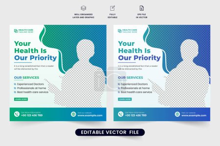 Illustration for Doctor medical treatment and healthcare service template design with green and blue colors. Hospital facilities and treatment advertisement poster design. Creative medical template for social media. - Royalty Free Image