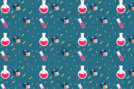 Illustration for Educational pattern decoration with test tubes and book icons. Study backdrop and book cover seamless pattern design. Science background and pattern texture vector on a blue background. - Royalty Free Image