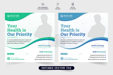Illustration for Medical treatment and healthcare template vector with photo placeholders. Modern clinical service social media post design with green and blue colors. Hospital doctor promotional web banner vector. - Royalty Free Image