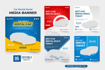 Car rental deal template bundle for business advertisement. Automobile and rent a car business web banner set design with blue and yellow colors. Car rental social media post vector collection.